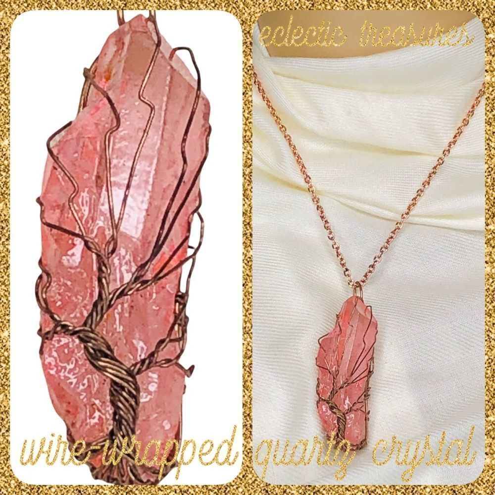 Tree of Life Wire-Wrapped Quartz Crystal Necklace, Rose Pink